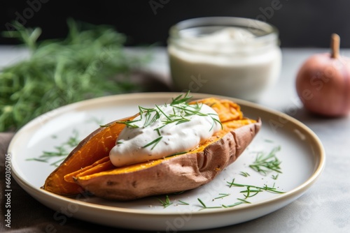 baked sweet potato with a dollop of yogurt on a plate