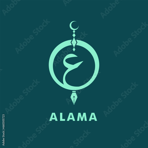 Arabic logo design letter khuruf Ain with pencil with tect alama means knowledge in English. bohemian style vector isolated pink background photo