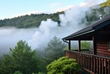 smoky mountain log cabin with smoke from the chimney