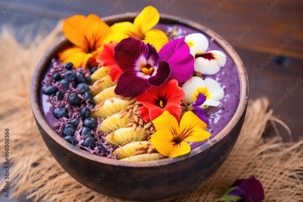 acai bowl decorated with edible flowers for garnish