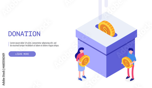 Donation and charity concept. Web banner, infographics. Isometric vector illustration.