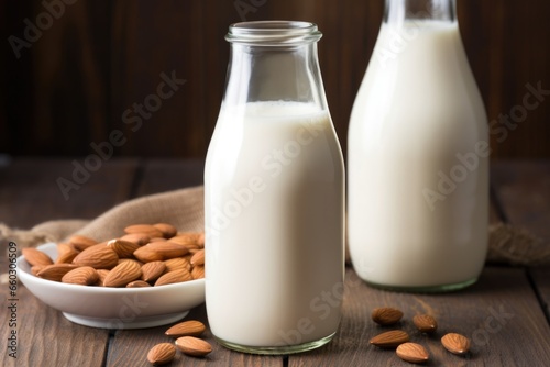 diy almond milk in a rustic glass bottle on a wooden table