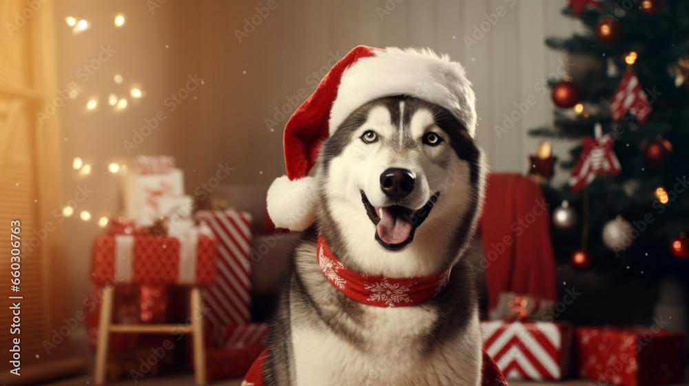 husky dog in santa claus hat