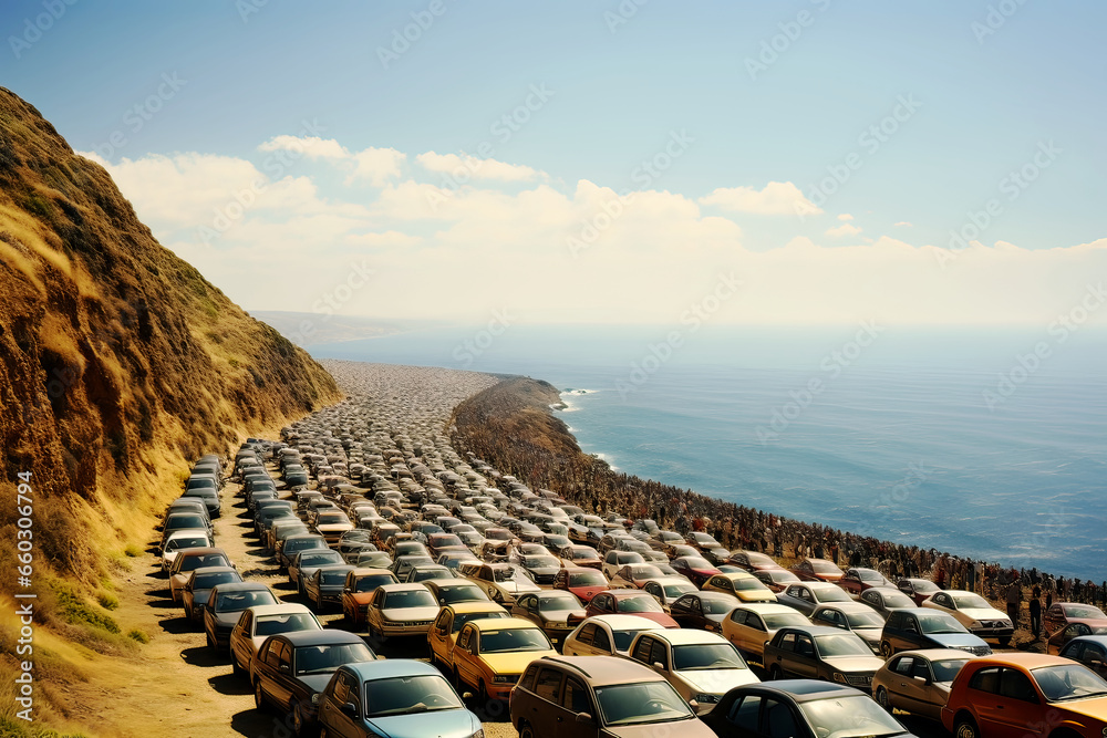 Surreal Concept Image of a Massive Crowd of Cars and People on a Beach Behind a Mountainside in Bright Sunshine During the Holiday Season