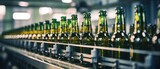 Beer bottles on production line with big machine at Beverage factory interior, machine working bottles production line, Generative AI