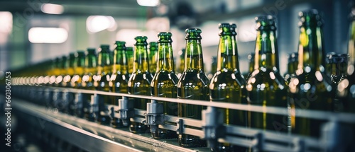 Beer bottles on production line with big machine at Beverage factory interior  machine working bottles production line  Generative AI