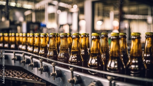 Beer bottles on production line with big machine at Beverage factory interior  machine working bottles production line  Generative AI