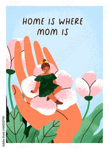 Girl kid in flower, greeting card design for Mothers day. Little tiny cute child in moms hand. Mommy love and care, vertical holiday postcard with phrase, quote, text. Flat vector illustration