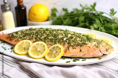 a whole baked salmon garnished with fresh herbs on a white plate