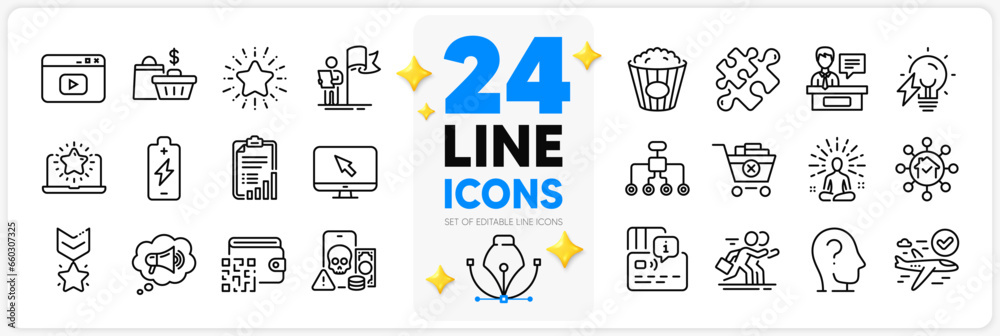 Icons set of Qr code, Restructuring and Ð¡ompetition line icons pack for app with Electricity bulb, Phishing, Video content thin outline icon. Megaphone, Exhibitors, Battery charging pictogram. Vector