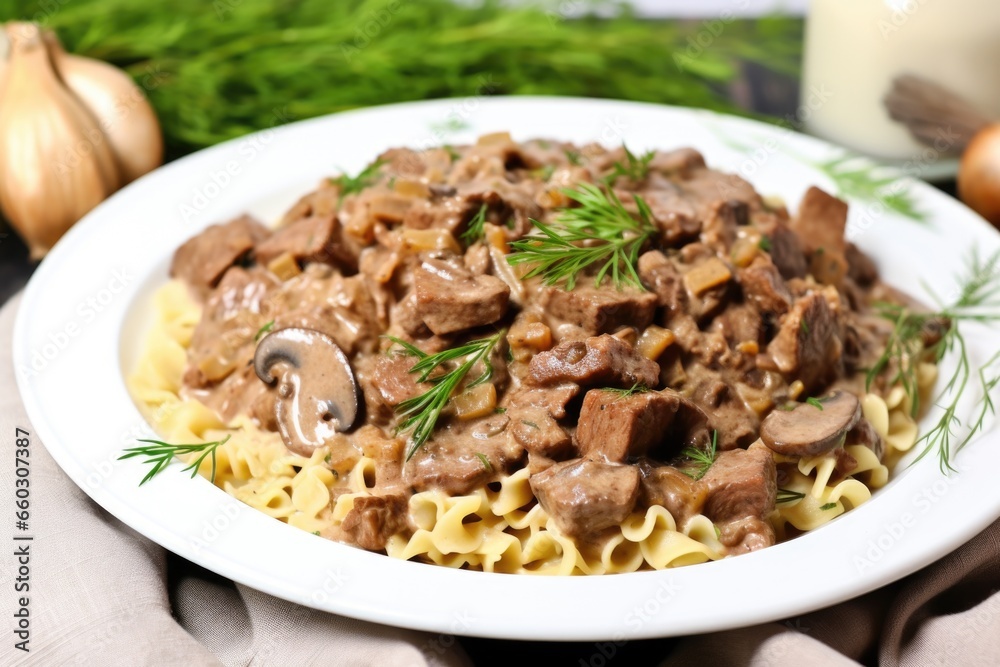 white plate with beef stroganoff and a garnished white napkin white plate with beef stroganoff and a garnished white napkin