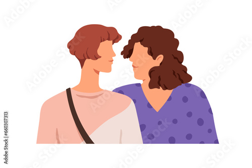 Women couple. Female characters, two emotionless faces meeting, looking at each other. Interpersonal relationship, communication concept. Flat vector illustration isolated on white background
