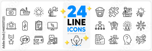 Icons set of Qr code, Restructuring and Ð¡ompetition line icons pack for app with Electricity bulb, Phishing, Video content thin outline icon. Megaphone, Exhibitors, Battery charging pictogram. Vector