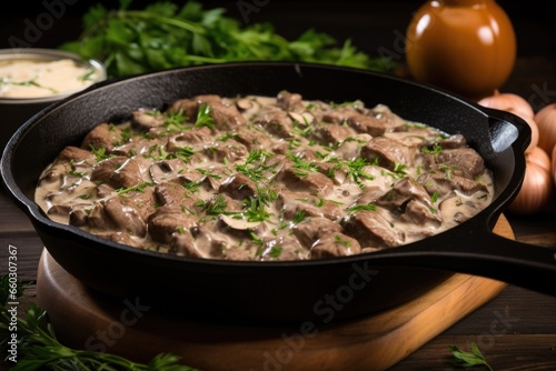 beef stroganoff garnished with fresh parsley in a cast iron skillet