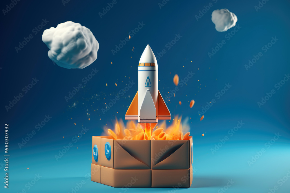 Naklejka premium Rocket taking off from cardboard box on blue background, 3D illustration