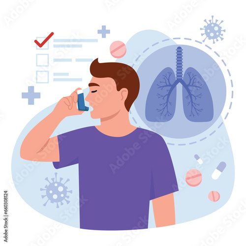 Vector illustration of bronchial asthma. Cartoon scene with a guy doing inhalation against bronchial asthma, an allergic attack isolated on a white background. World Asthma and Allergy Day.