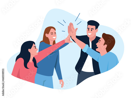 Vector illustration of friends giving a high five. Cartoon scene with a smiling team of boys and girls giving high fives isolated on white background. A team of friends.