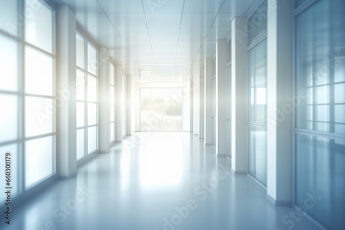 Light blurred background  The hall of an office or medical institution with panoramic windows and a perspective