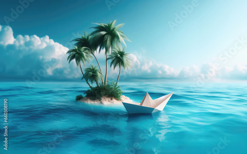 Paper boat and Blue Ocean  Clear Sky  and Palm Trees on a Tropical Island  Generative AI Illustration