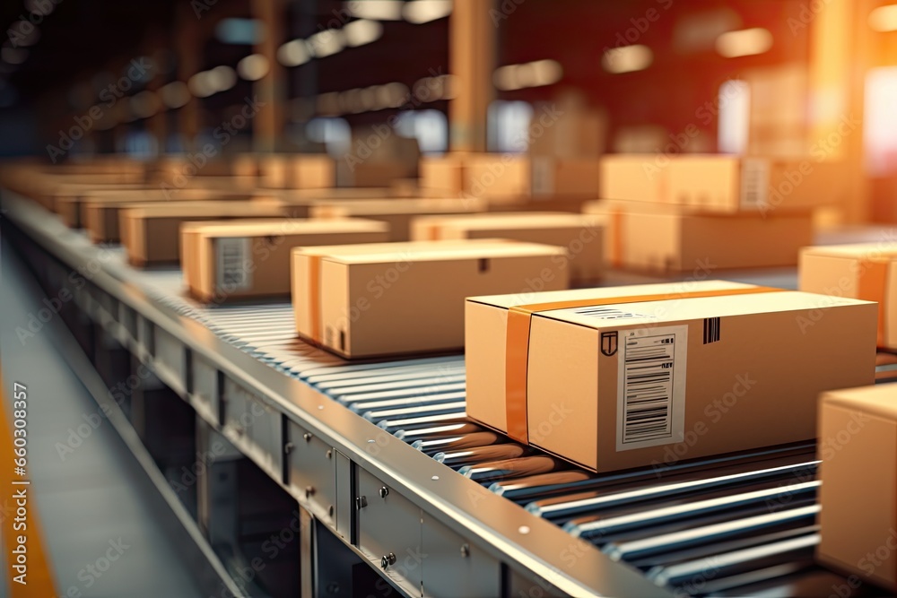 Multiple cardboard box packages seamlessly moving along belt in a warehouse center, Logistics, commerce, delivery. Multiple cardboard box packages seamlessly moving along belt in a warehouse center, Logistics, commerce, delivery.