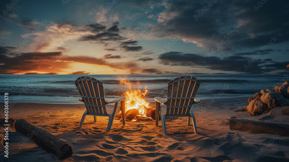 bon fire and sunset on the beach - obrazy, fototapety, plakaty 
