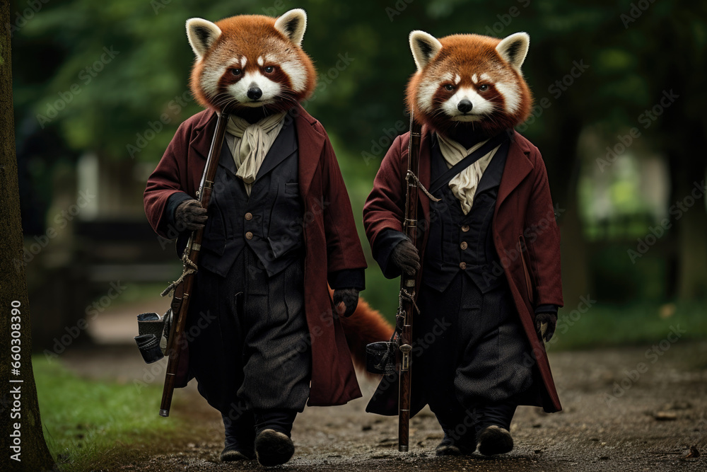 two large male red pandas in British outfits, with pistols in an open field. Panoramic view