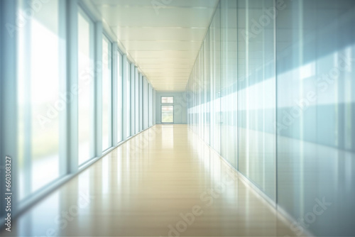 Light blurred background, The hall of an office or medical institution with panoramic windows and a perspective