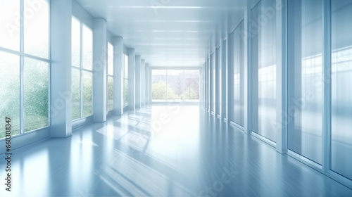 Light blurred background  The hall of an office or medical institution with panoramic windows and a perspective