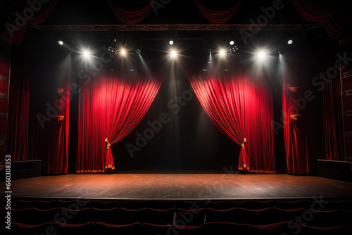 Theater stage with red curtains are opening with spotlight performance lights showing