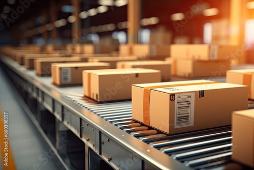 Multiple cardboard box packages seamlessly moving along belt in a warehouse center, Logistics, commerce, delivery. © Oulaphone