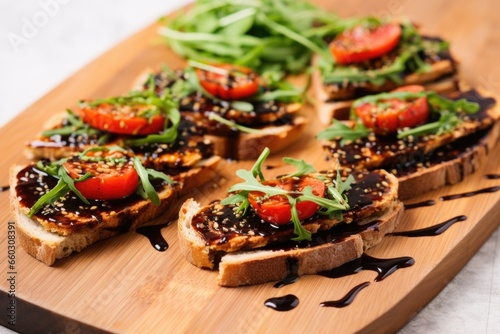 slices of toasted bread with chopped tomatoes, arugula, and balsamic glaze