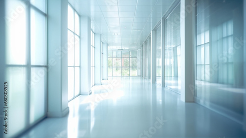 Light blurred background, The hall of an office or medical institution with panoramic windows and a perspective