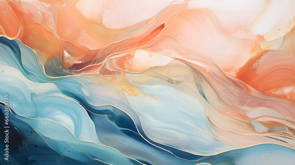 Watercolor Wave in Pink, Orange, and Blue Color: Richly Detailed Backgrounds with Dark turquoise and beige, resin, gold glitter lines