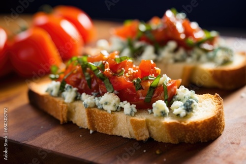 close-up of blue cheese crumbled on bruschetta