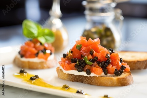 bruschetta piece with caviar with blurred utensils in the background