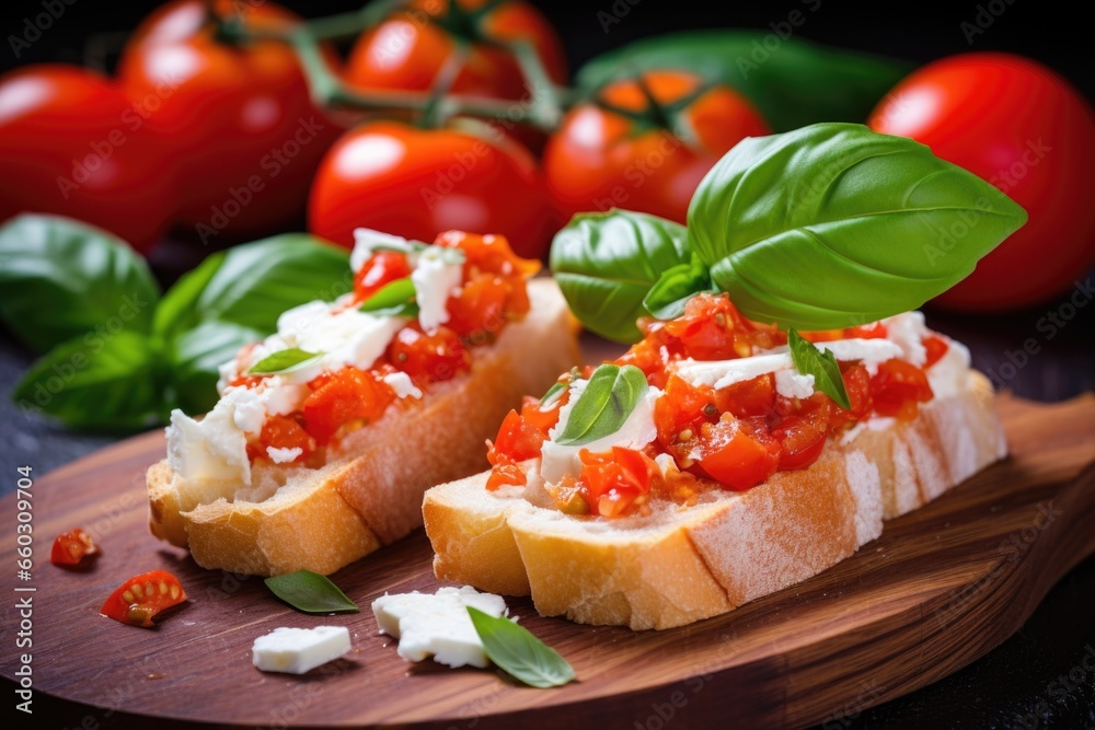 close-up of baguette slice with diced tomatoes and fresh basil
