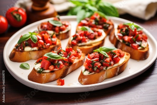 several bruschetta on a ceramic dish with basil leaves scattered around