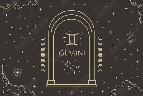 Gemini zodiac sign, Constellation illustration with dark night sky.