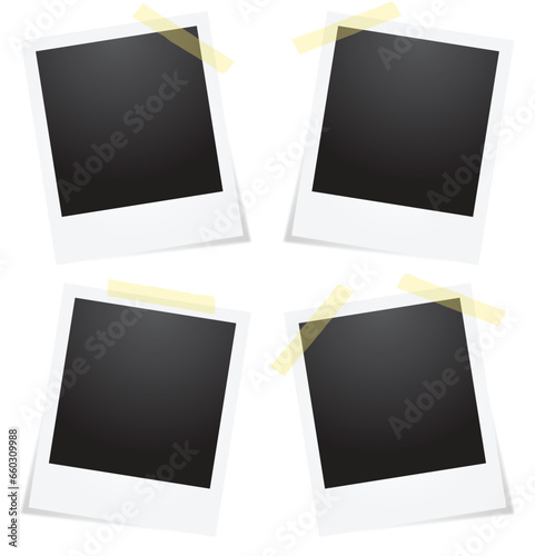 Set of polaroid vector photo frames on sticky tape on white background. Template photo design. Vector illustration