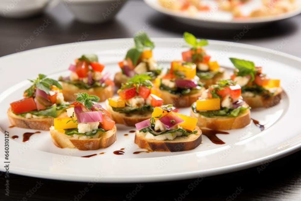 gourmet goat cheese and vegetable bruschetta on an appetizer plate