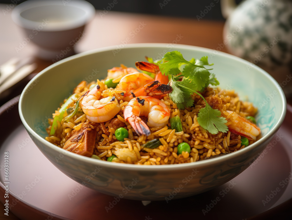 Delicious Fried Rice with Fried Prawns in a Bowl, Asian Cuisine, Close-Up