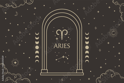 Aries zodiac sign, Constellation illustration with dark night sky.