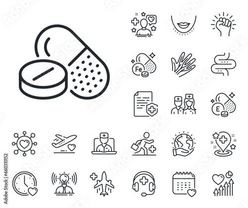 Medicine pills sign. Online doctor, patient and medicine outline icons. Medical drugs line icon. Pharmacy medication symbol. Medical drugs line sign. Veins, nerves and cosmetic procedure icon. Vector