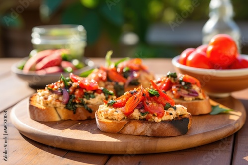 bruschetta spread with hummus and topped with grilled capsicum
