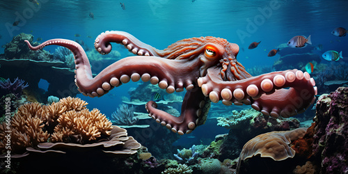 Majestic octopus kraken in the depths of the ocean with schools of fish swimming past. 