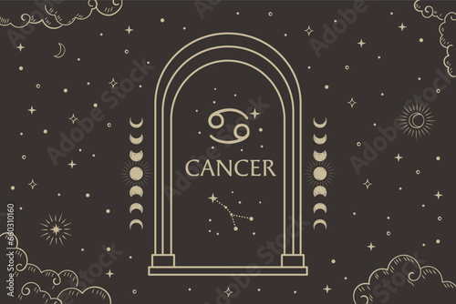 Cancer zodiac sign, Constellation illustration with dark night sky.