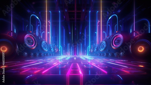 Sound speaker on illuminated neon light background. AI generated image