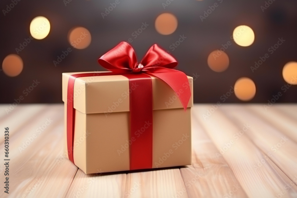 The gift box was packed and decorated with a bow on the wooden table. New Year gift. Valentine's Day gift. or birthday gift. The gift box was packed and decorated with a bow on the wooden table. New Year gift. Valentine's Day gift. or birthday gift.