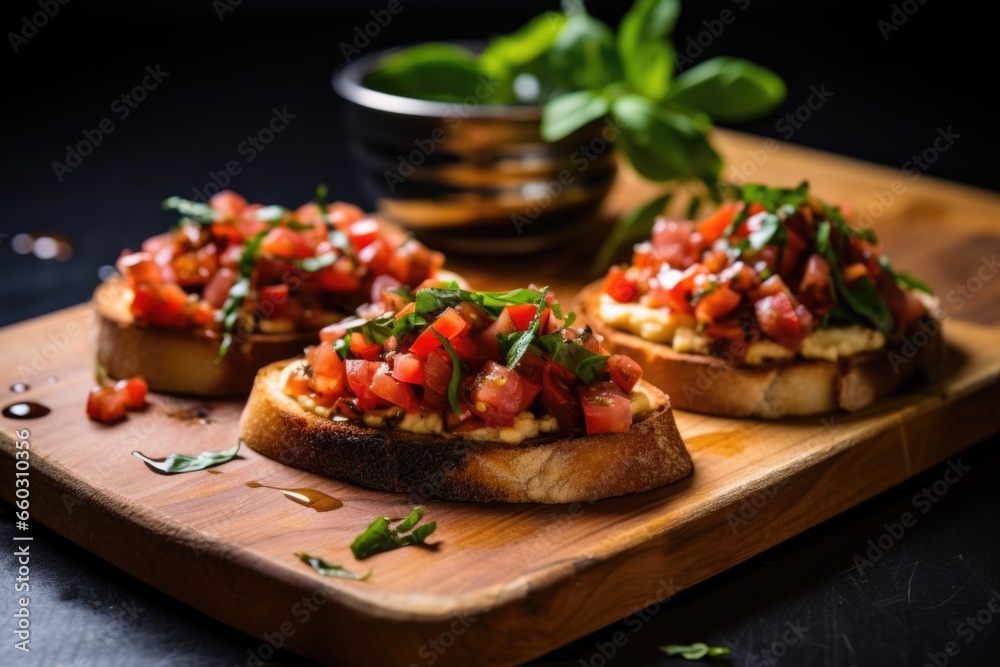 a shot of a perfectly toasted bruschetta topped with hummus