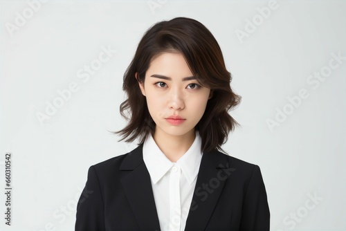 怒っている日本人の女性ビジネスマンのポートレート写真（白背景・サラリーマン・スーツ・若手・新人・新入社員）